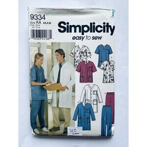 Simplicity 9334 Unisex Scrubs Lab Coat Top Pants Jacket EASY Sewing Pattern XS-M